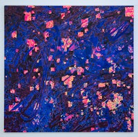 an abstract painting with blue and pink squares