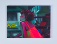 a painting of a girl sitting in front of a neon sign
