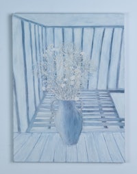a painting of flowers in a vase on a wooden deck